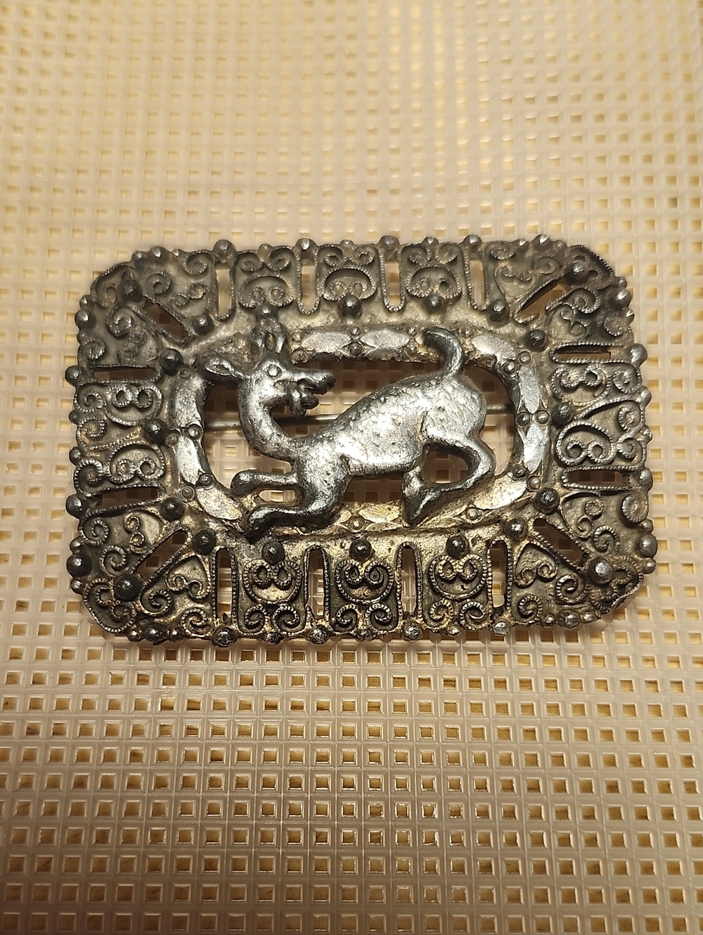 Vintage Peruvian Folk Art Silver Toned Brooch With Llama/Alpaca